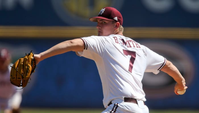 Mississippi State pitcher Brandon Smith delivers the ball to the plate on Wednesday. Smith gave up six runs over two innings of work as the Bulldogs fell 13-1 to the Florida Gators at the SEC Tournament. (Photo by Gary Cosby Jr.)